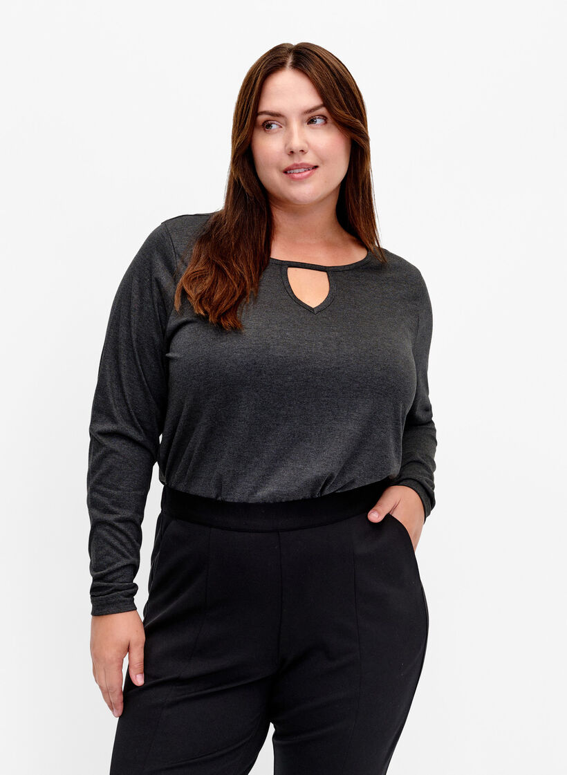 Melange bluse med lange ermer, Black Mel. , Model image number 0