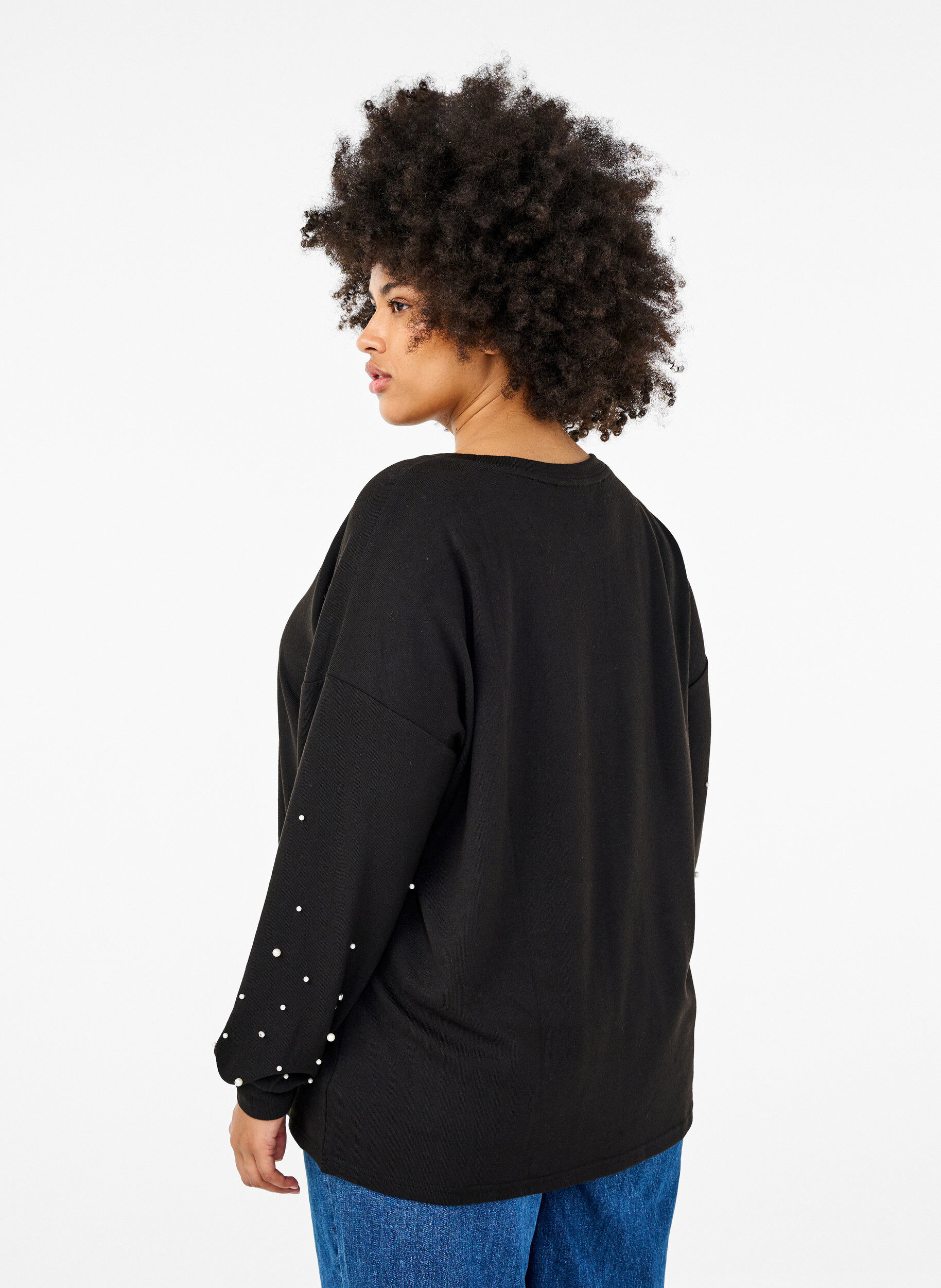 ZizziEnsfarget bluse med perler, Black, Model image number 1