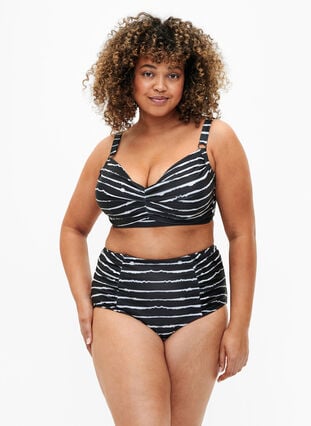 Stripete bikinitruse med høy midje, Black White Stripe, Model image number 0