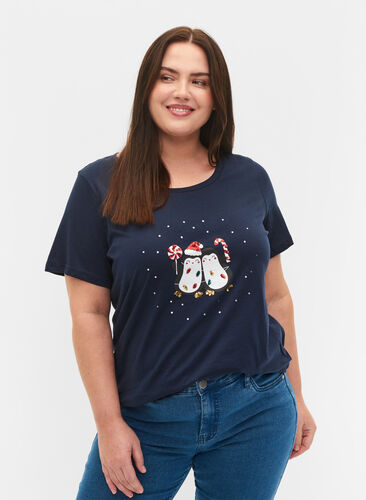 T-skjorte med julemotiv i bomull, Navy Blazer Penguin, Model image number 0