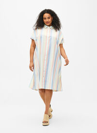 Lang skjorte i bomullsblanding med lin, Multi Color Stripe, Model
