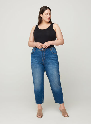 Cropped mom fit Mille jeans med en løs passform, Blue denim, Model image number 0