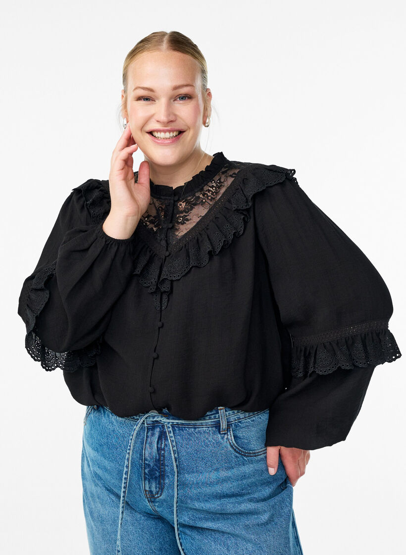 Viskose bluse med blonder og volanger, Black, Model
