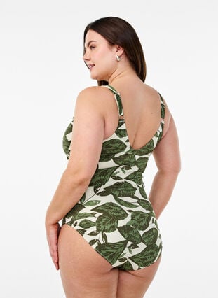Zizzi Badedrakt med palmetrykk og rynkede detaljer, Grønn, Model image number 1