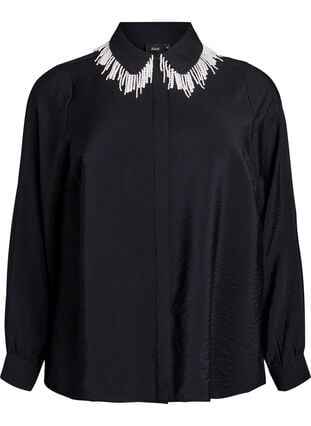 Zizzi Viskose tunika med perlebrodert krage, Black, Packshot image number 0