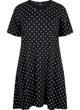 Bomullskjole med korte ermer og prikker, Black w. White Dot, Packshot image number 0