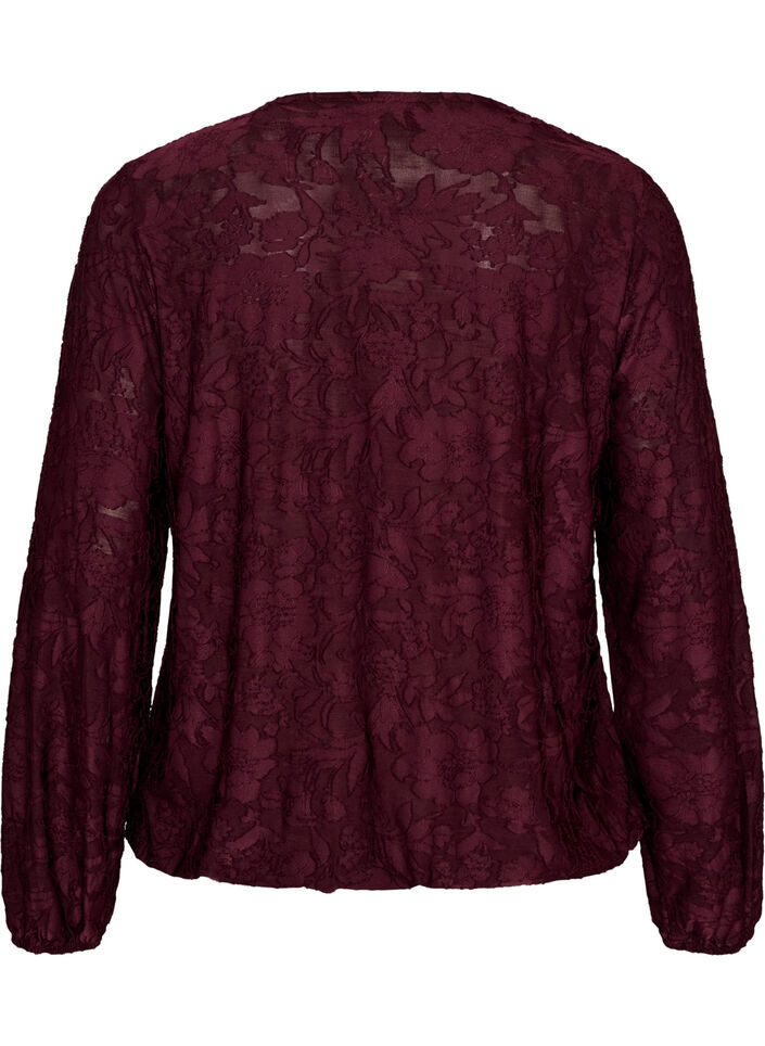 Gjennomsiktig bluse med blomstertekstur og lange ermer, R&oslash;d, Packshot image number 1