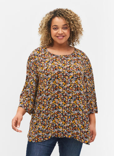 Viskosebluse med blomstermønster, Black Ditsy, Model image number 0