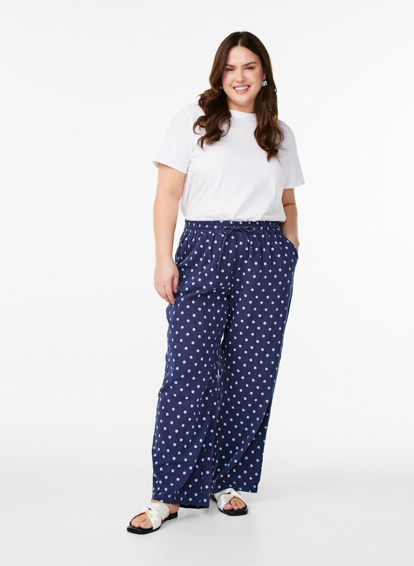Løse bukser i bomullsmuslin med polka dots, Blå, Model image number 0