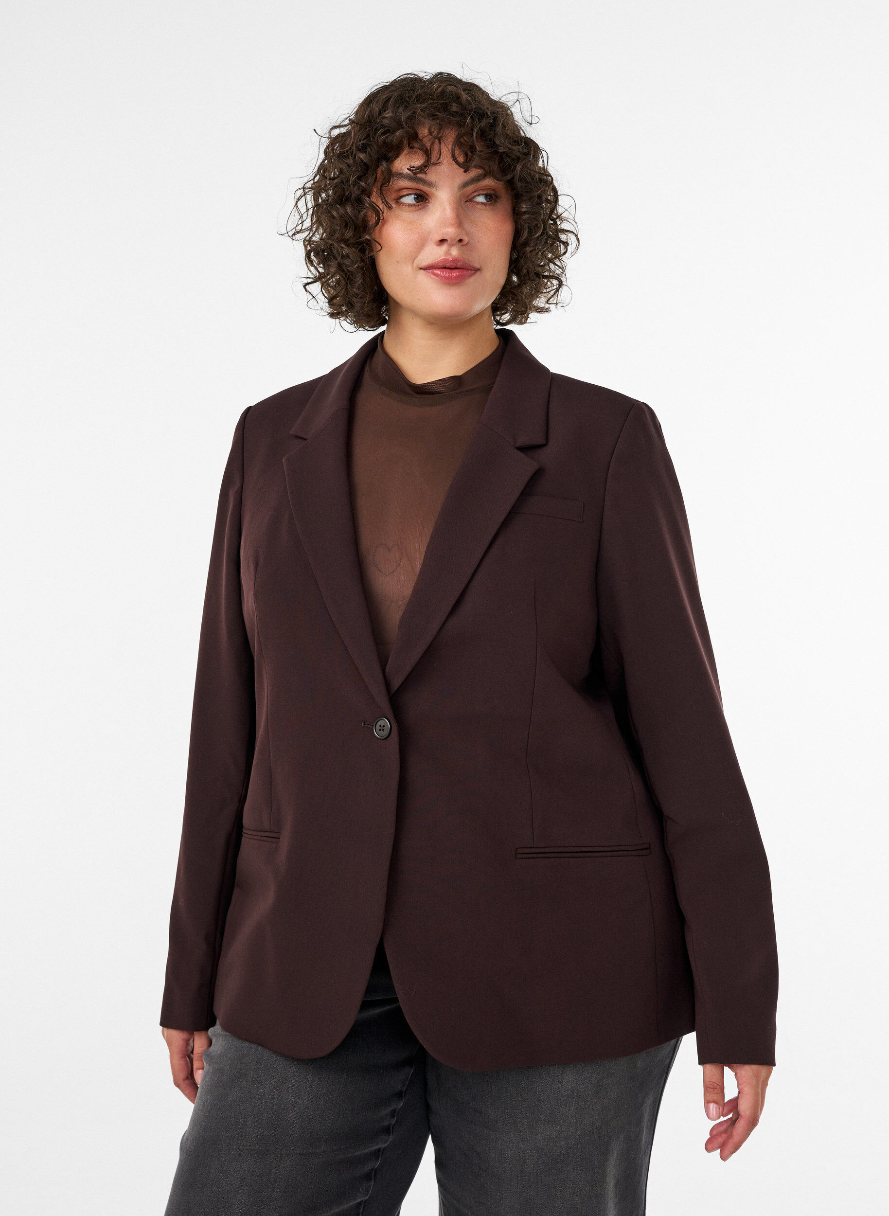 ZizziKlassisk blazer med enkel knappelukking, Brun, Model image number 0