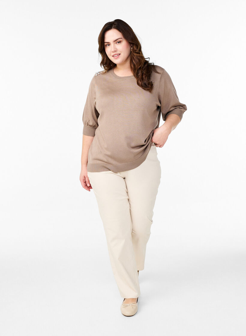 Strikket bluse med korte ermer og små sløyfer, Beige, Model image number 1