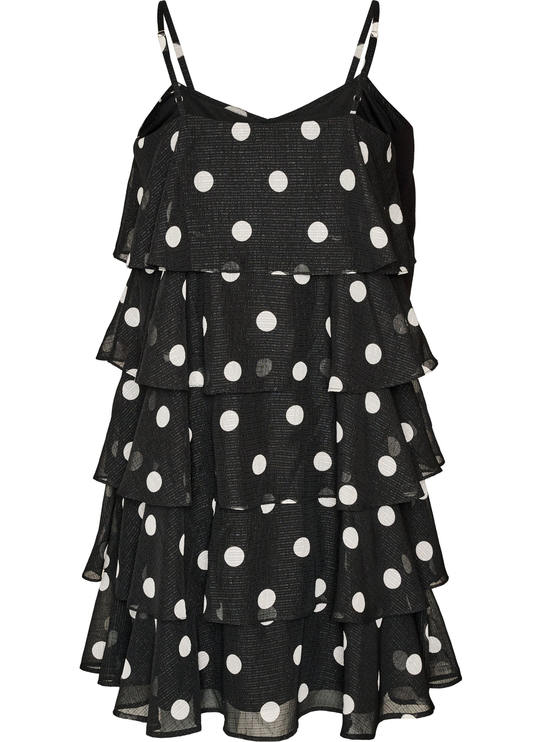 ZizziLag-p&aring;-lag kjole med volanger og spaghetti-stropper, Svart, Packshot image number 1