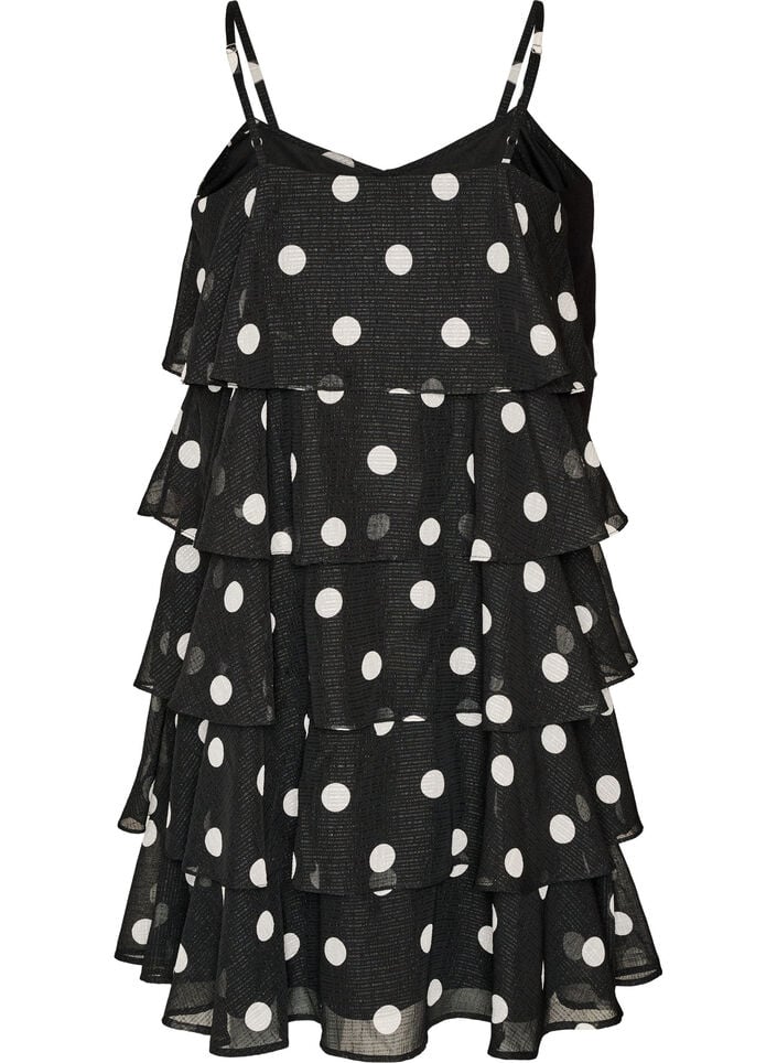 Lag-p&aring;-lag kjole med volanger og spaghetti-stropper, Svart, Packshot image number 1