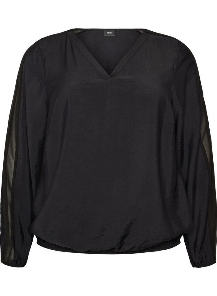 Bluse med ballongeffekt og chiffon-detaljer, Svart, Packshot image number 0