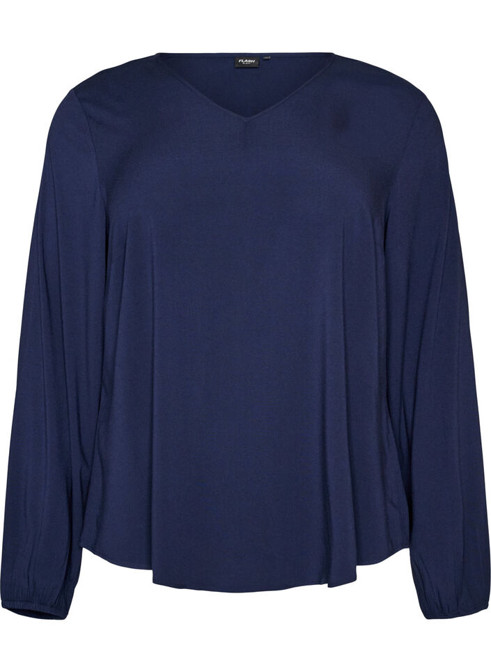 Viskosebluse med V-hals og avrundet fold, Bl&aring;, Packshot image number 0