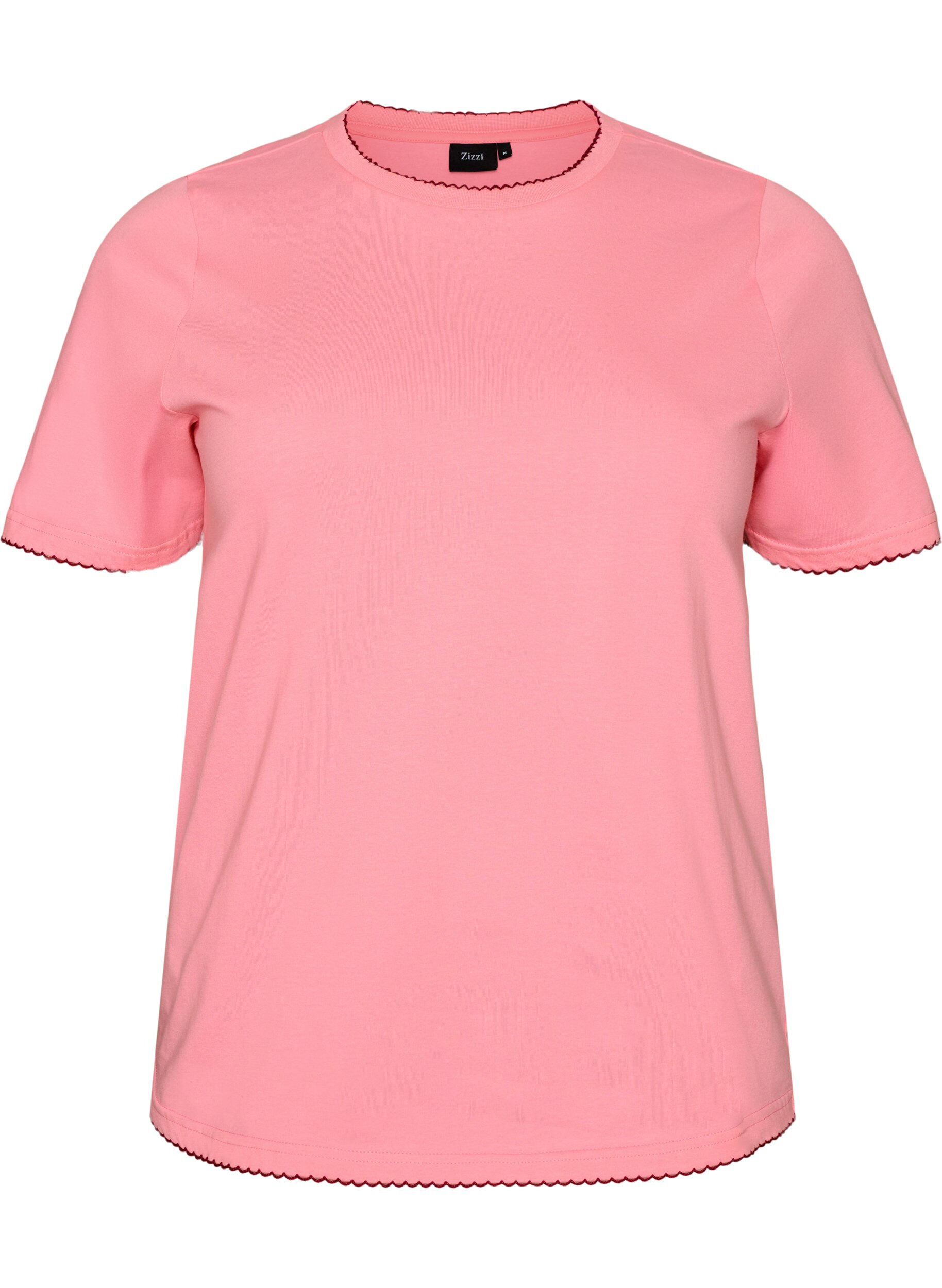 ZizziBomulls T-skjorte med b&oslash;lgete kontrasterende kanter, Rosa, Packshot image number 0