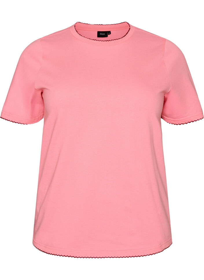 Bomulls T-skjorte med b&oslash;lgete kontrasterende kanter, Rosa, Packshot image number 0