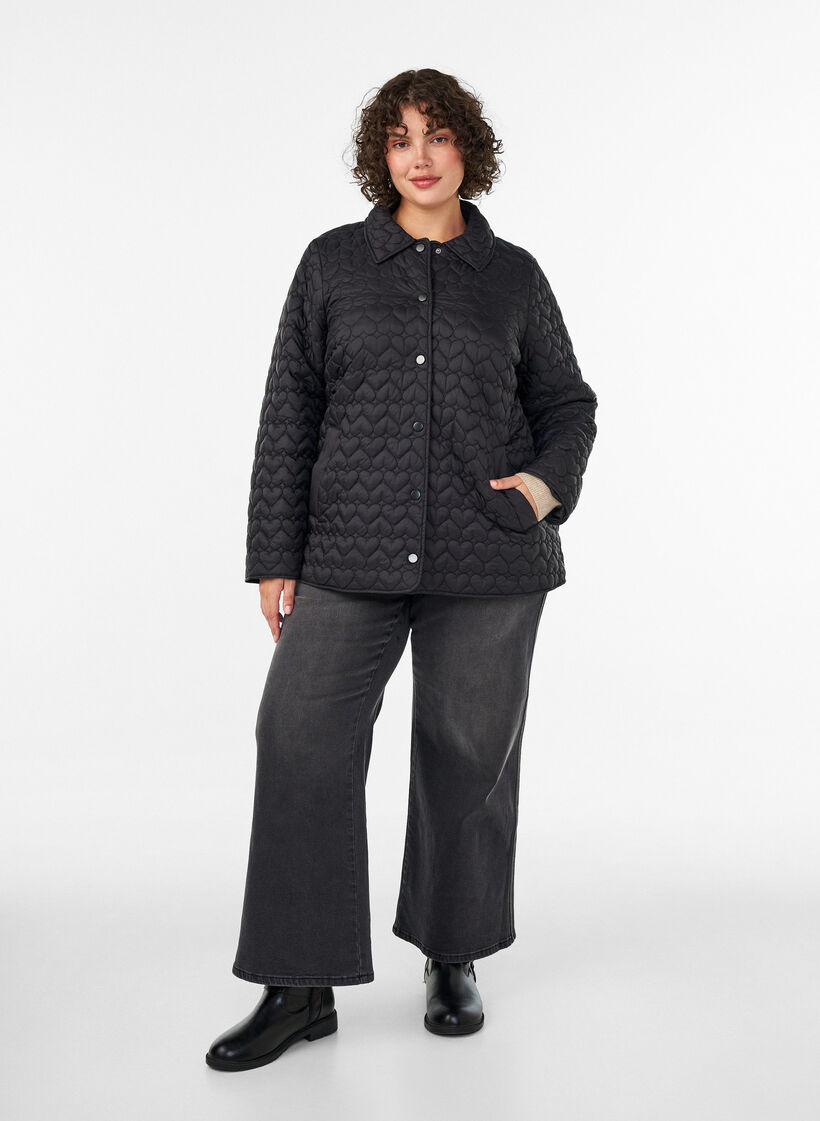 Lett polstret jakke med dekorativ quilting, Svart, Model image number 1