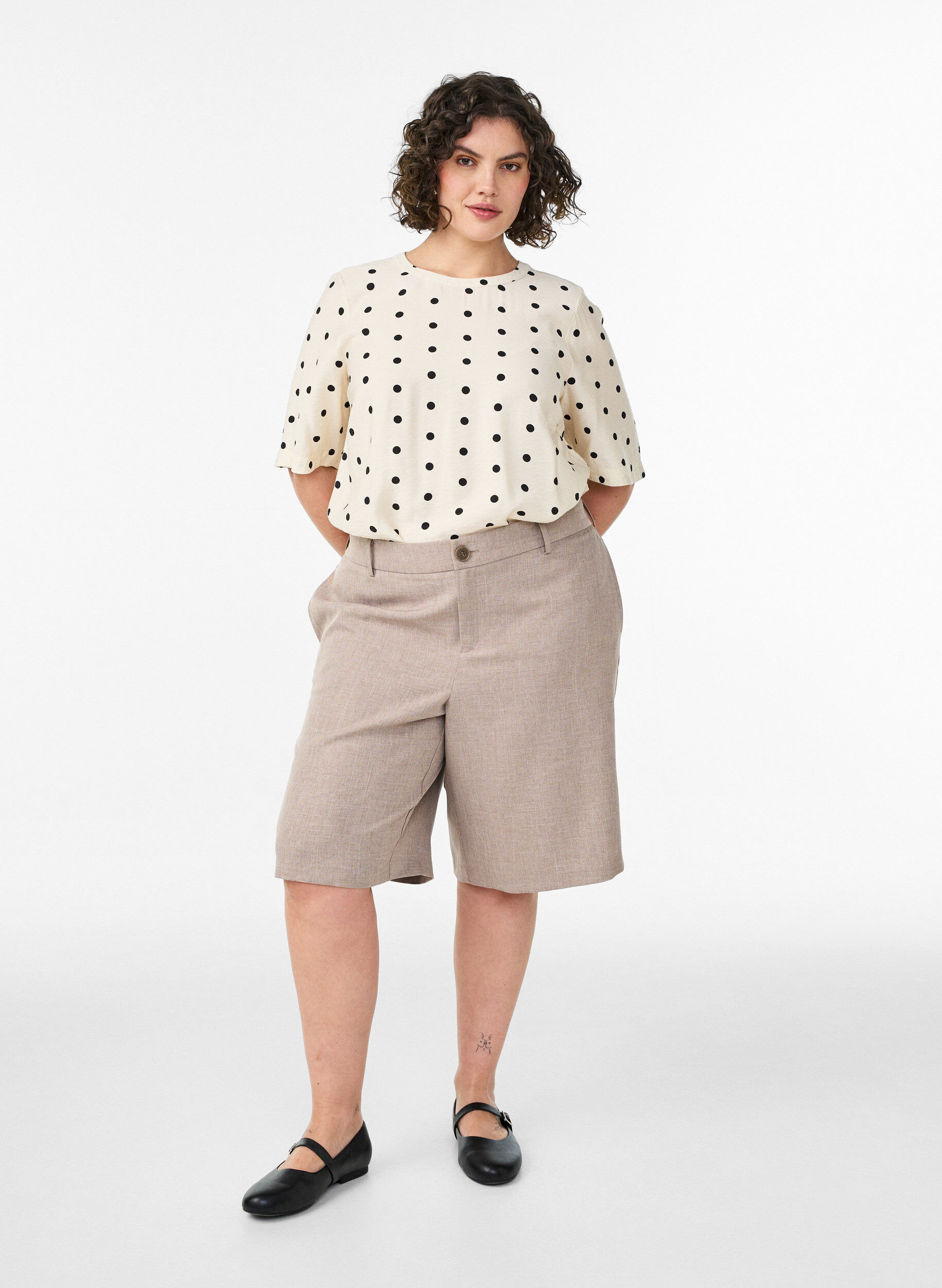 ZizziViskose bluse med flekker og 1/2 ermer, Vanilje, Model image number 1