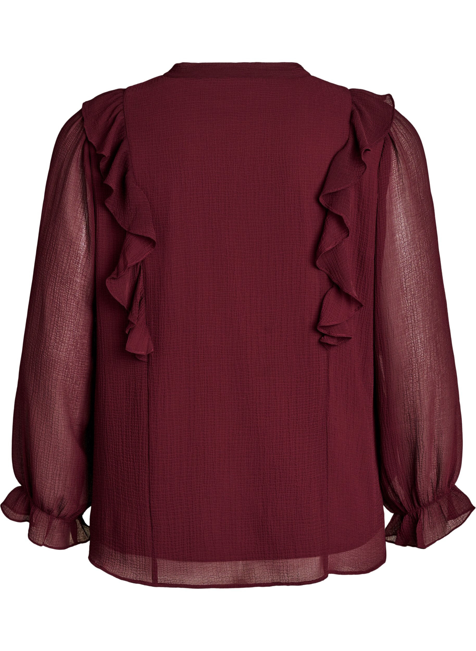 ZizziGjennomsiktig bluse med volanger og knyte-lukking, R&oslash;d, Packshot image number 1