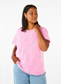 T-skjorte i økologisk bomull med blomstertrykk, Rosebloom W. Flower T-skjorte i økologisk bomull med blomstertrykk, Rosebloom W. Flower, Model