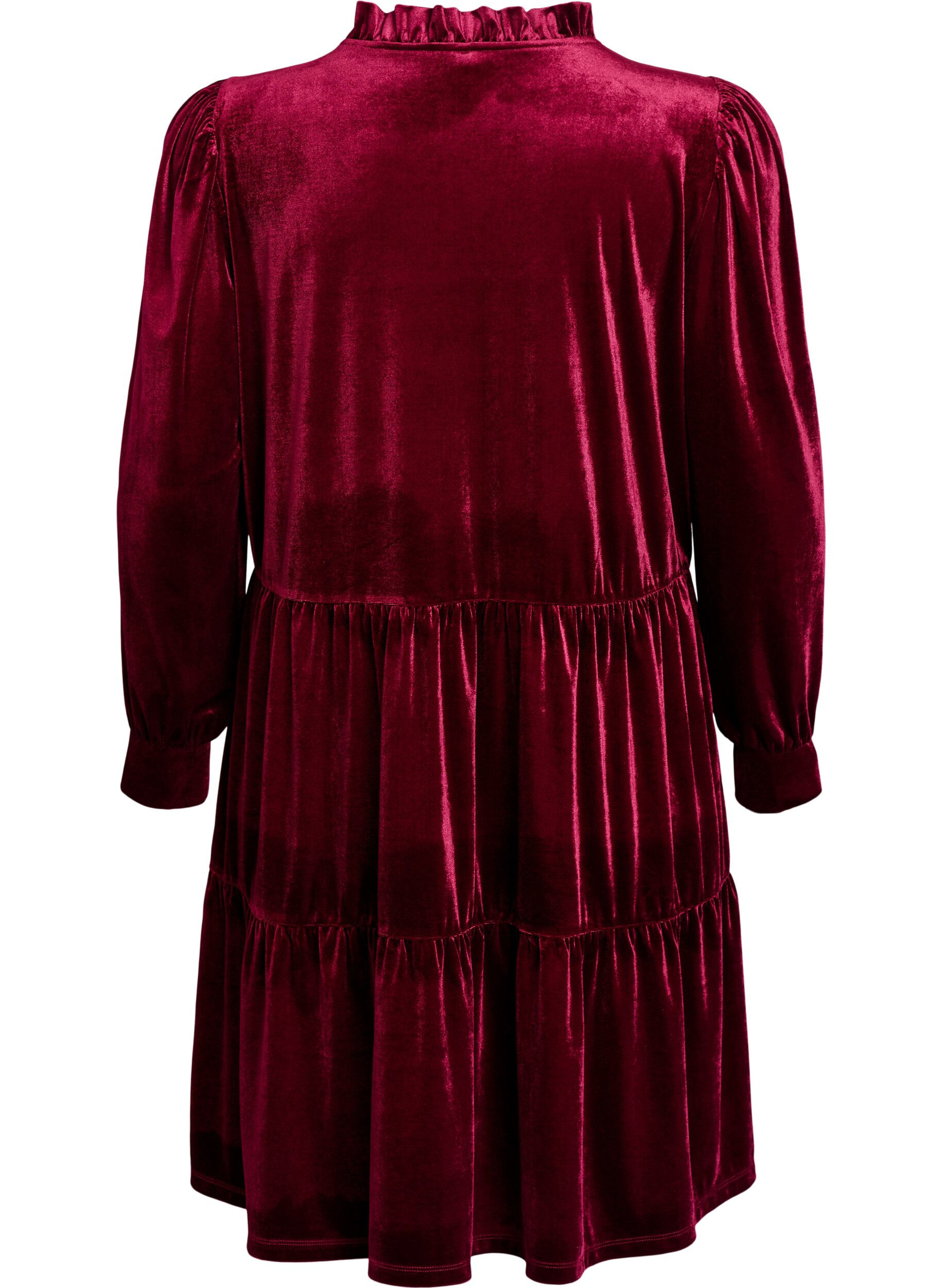 ZizziKort velourkjole med volangkrage og lange ermer, R&oslash;d, Packshot image number 1