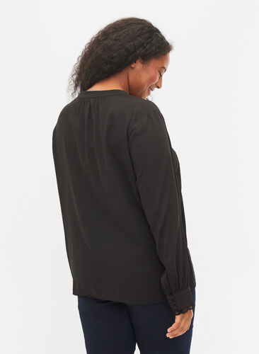 Langermet bluse med V-hals , Black, Model image number 1