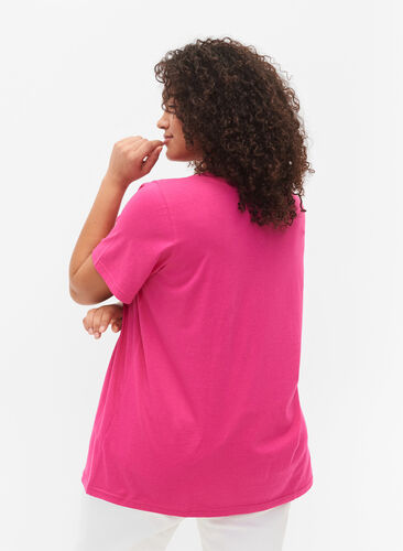 T-skjorte i bomull med V-hals og trykk, Fuchsia Purple Love, Model image number 1