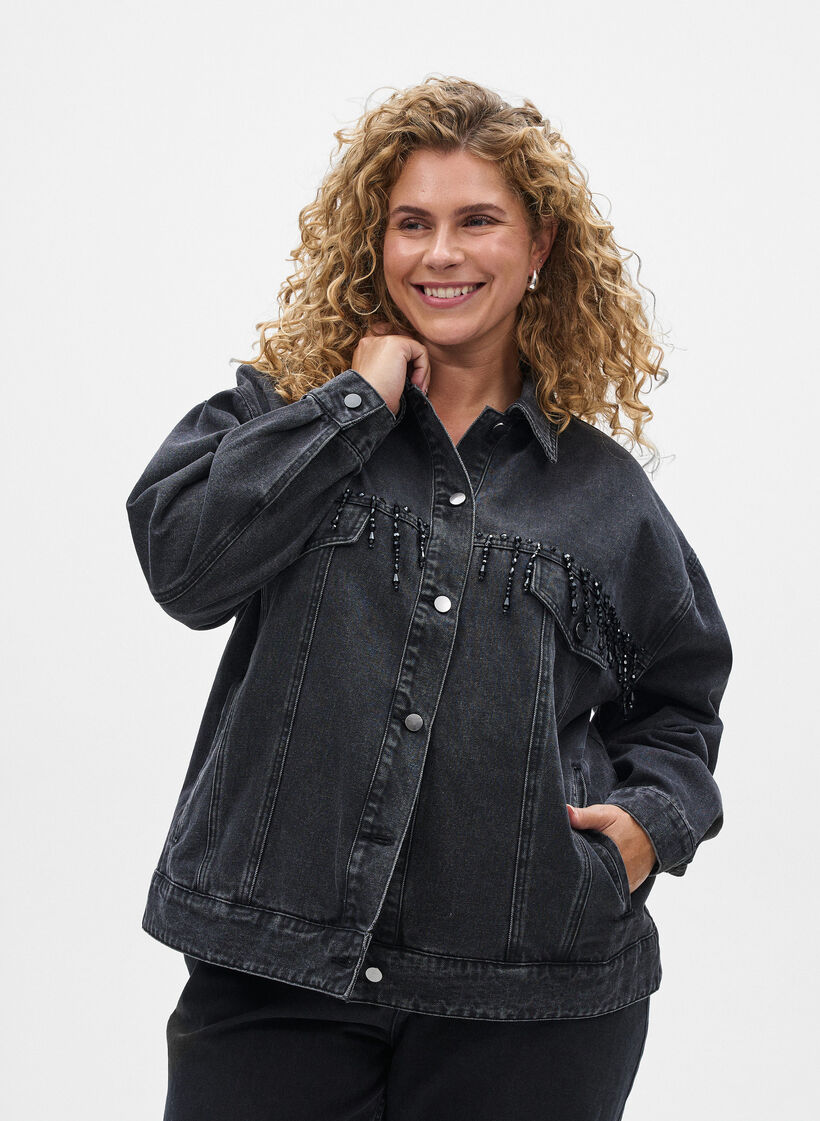 Denimjakke med perlefranser, Grey Denim, Model