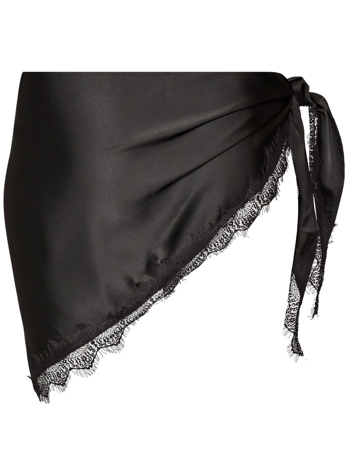 Satengskjerf med blondekant, Svart, Packshot image number 1
