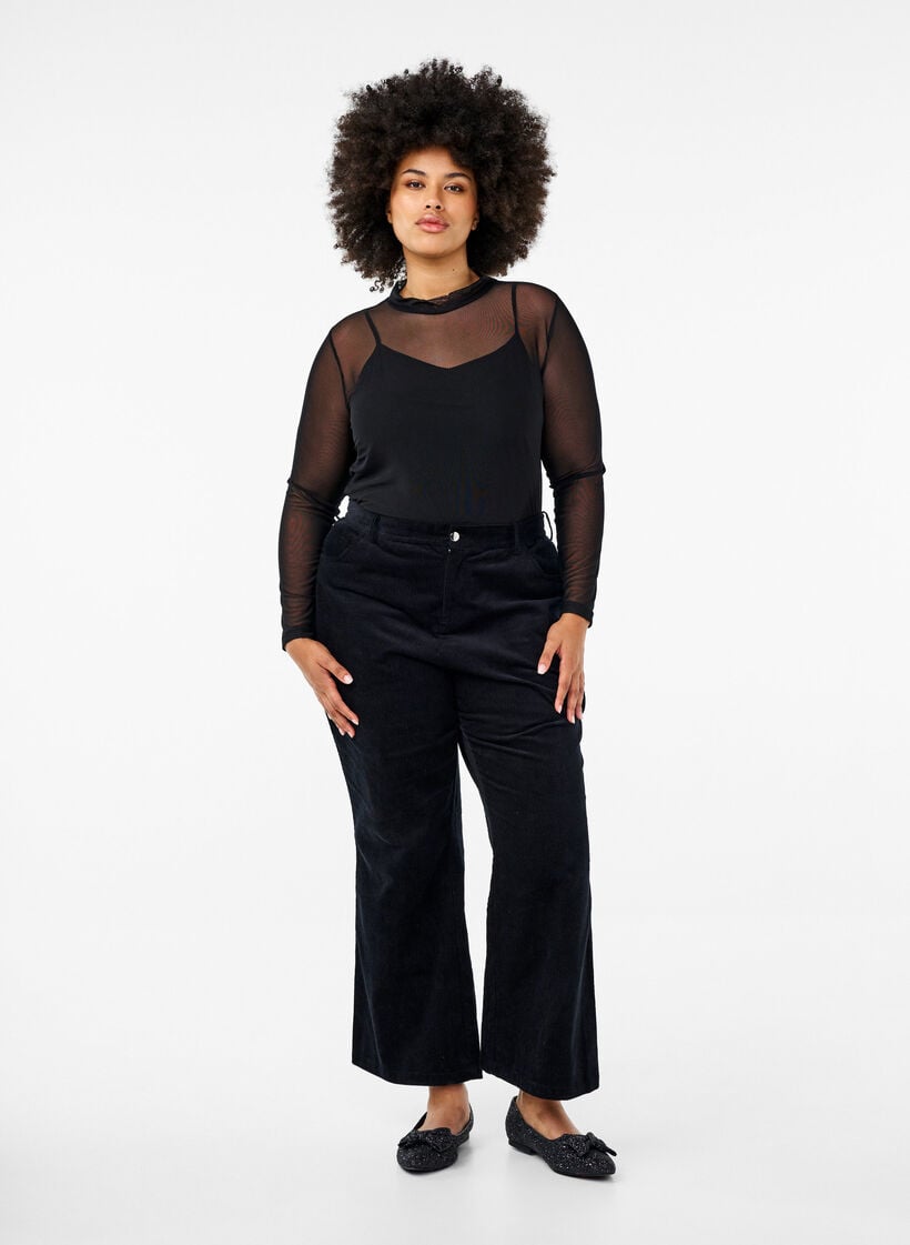 Tett sittende meshbluse med lange ermer, Svart, Model image number 1