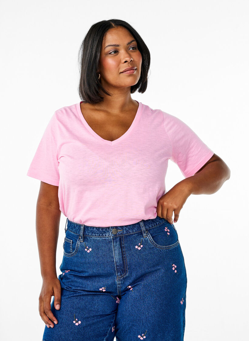 Kortermet basic t-skjorte med v-hals, Begonia Pink, Model