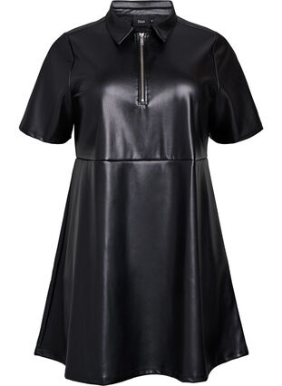 Zizzi Kort kjole i imitert skinn med A-formet snitt, Black, Packshot image number 0