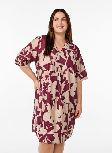 Zizzi Knelang kjole med trykk og V-hals, Rød, Model image number 0