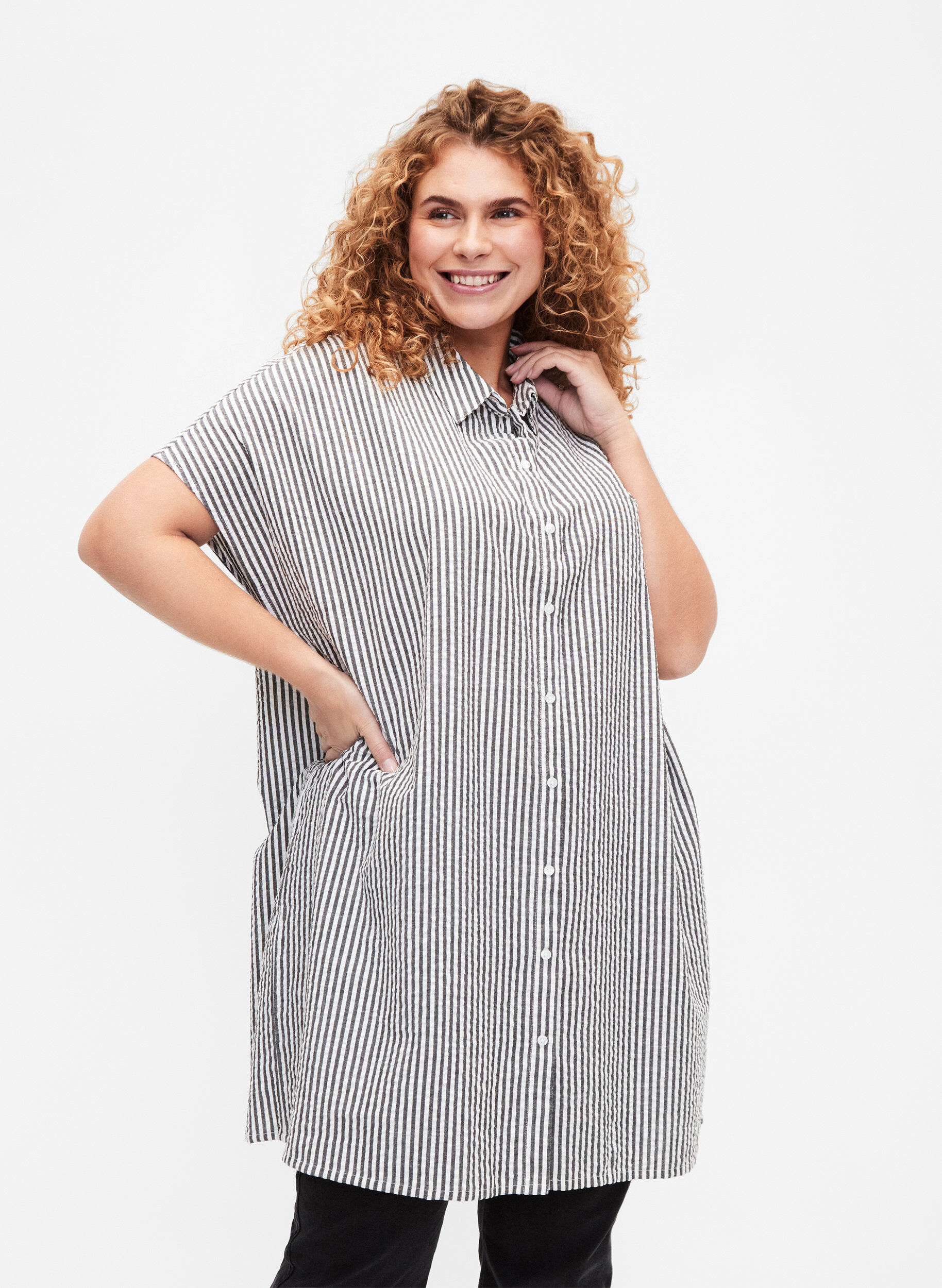 Zizzi Lang stripete bomullsskjorte, Black, Model image number 0