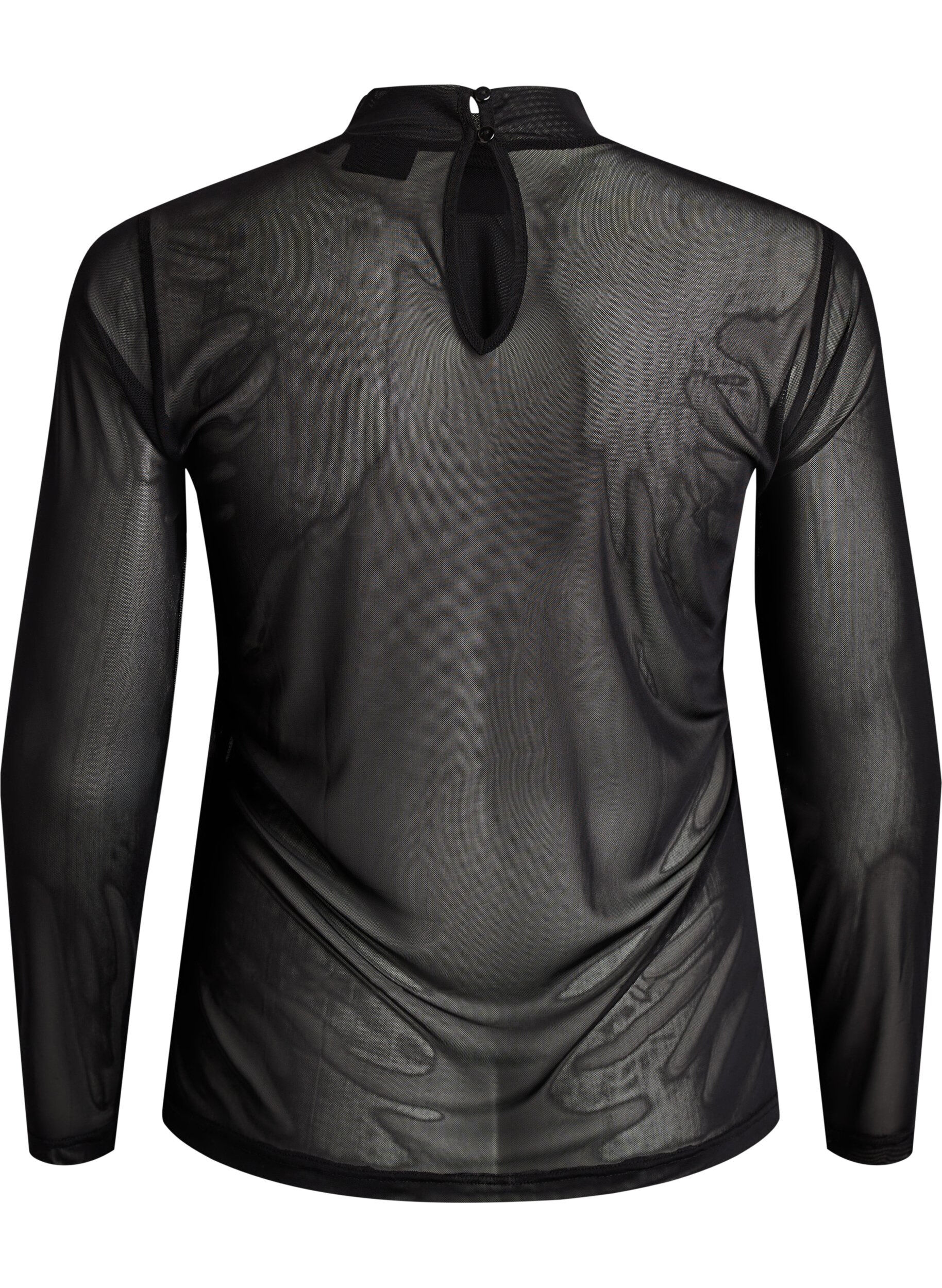 ZizziTett sittende meshbluse med lange ermer, Svart, Packshot image number 1