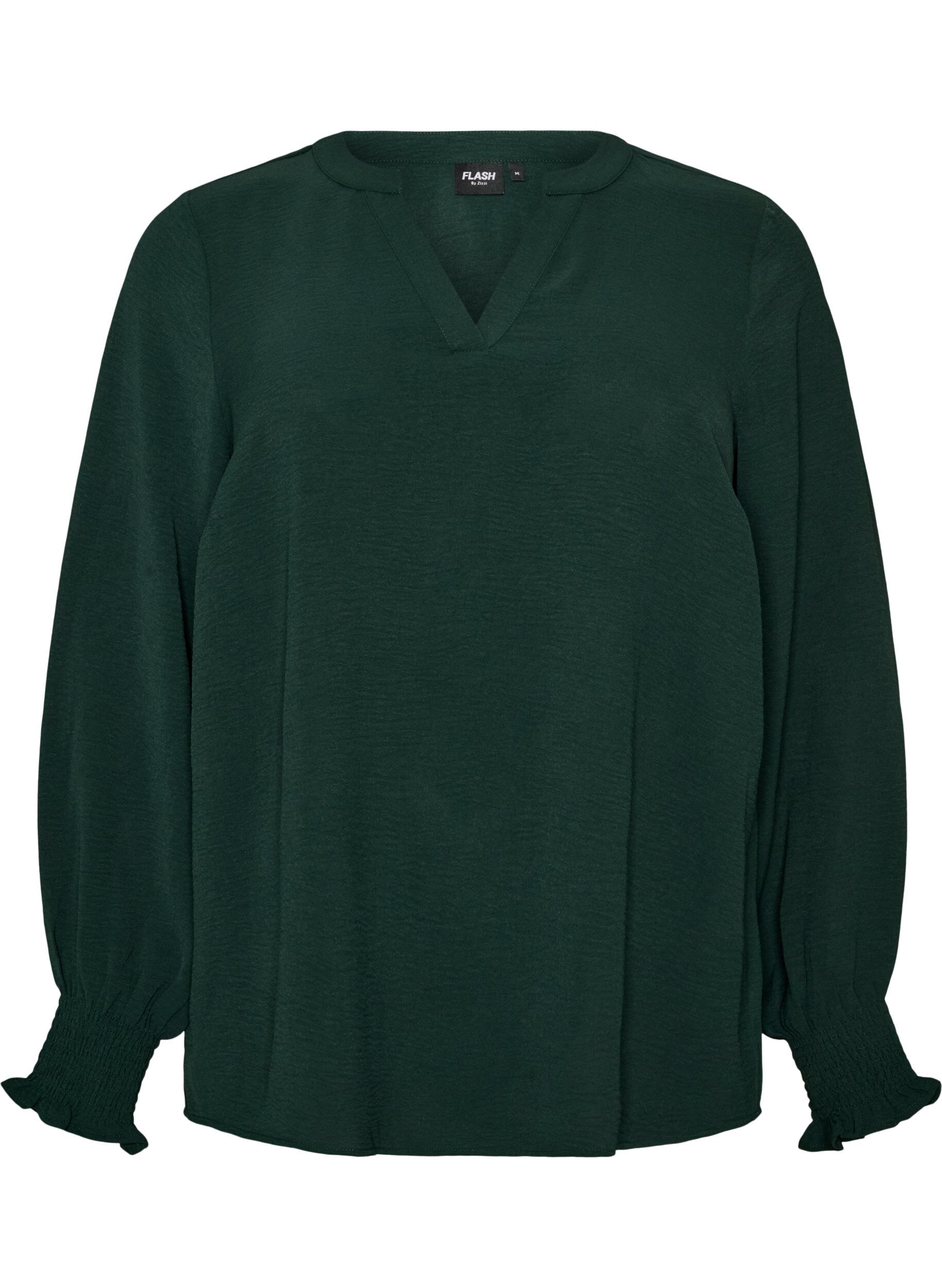 ZizziBluse med smockmansjetter og V-hals, Gr&oslash;nn, Packshot image number 0