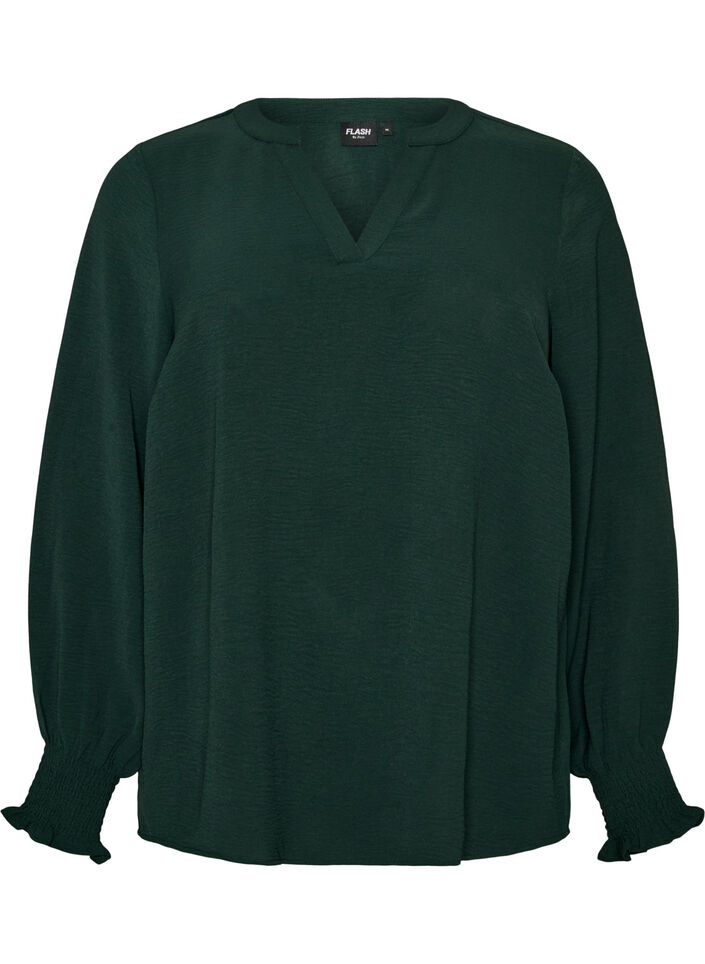 Bluse med smockmansjetter og V-hals, Gr&oslash;nn, Packshot image number 0
