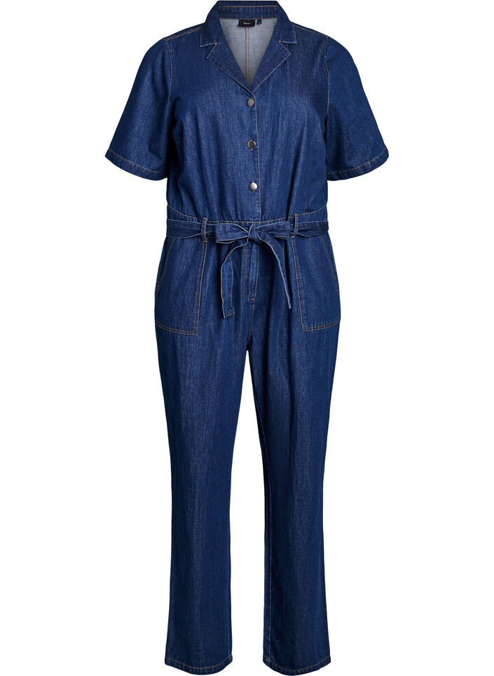 Denim jumpsuit med korte ermer og knytebelte, Bl&aring;, Packshot image number 0