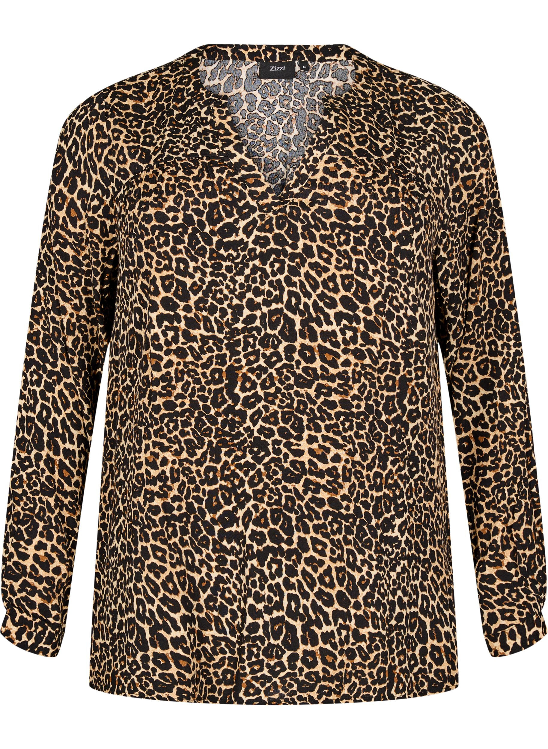 Langermet bluse med leopardm&oslash;nster og V-hals