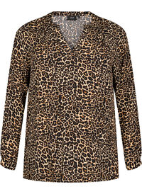 Langermet bluse med leopardmønster og V-hals, Brun Langermet bluse med leopardmønster og V-hals
