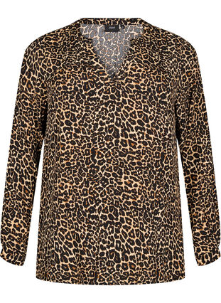 Zizzi Langermet bluse med blomsterprint og V-hals, Brun, Packshot image number 0