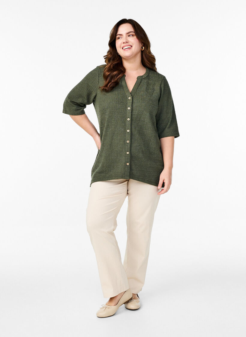 Strukturert bluse med V-hals, Thyme, Model image number 2