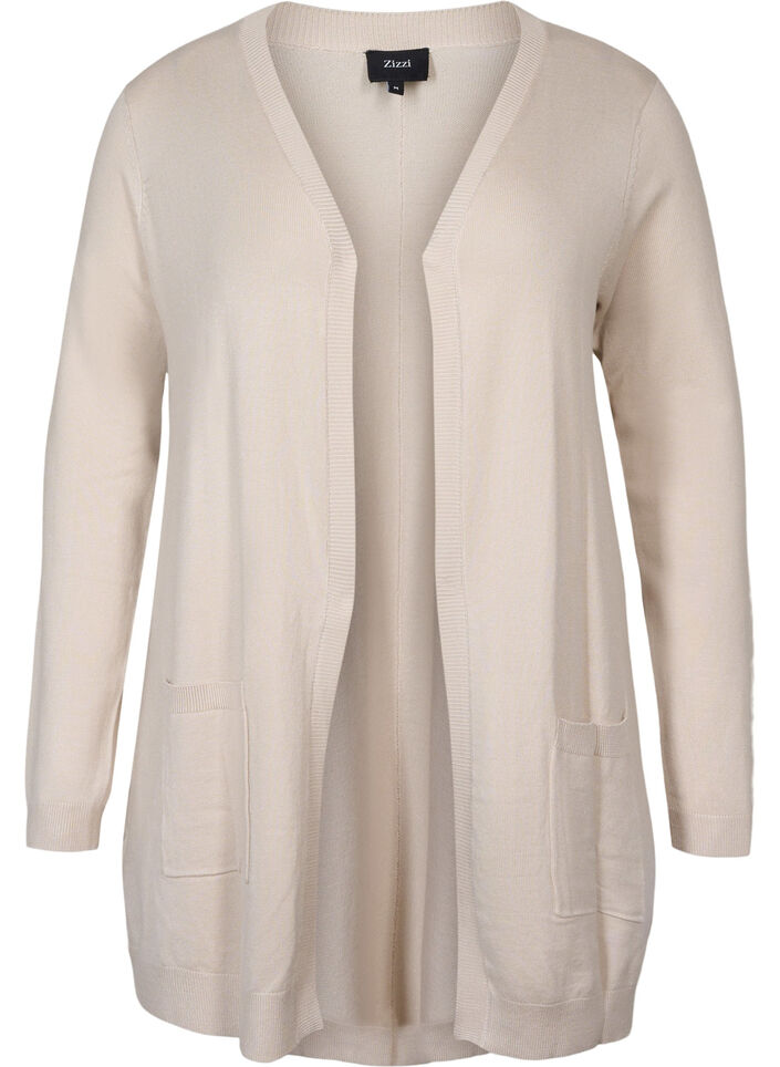 Lang strikkecardigan i viskoseblanding, Beige, Packshot image number 0
