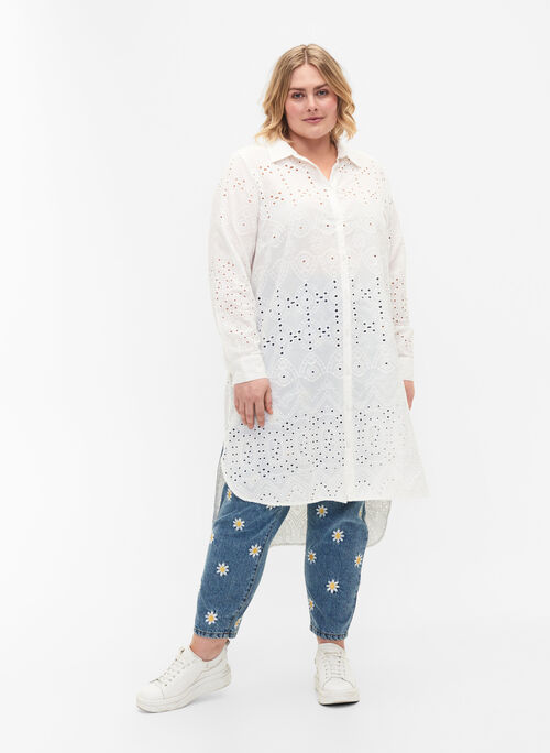 Skjortekjole med broderi anglaise, Bright White, Model