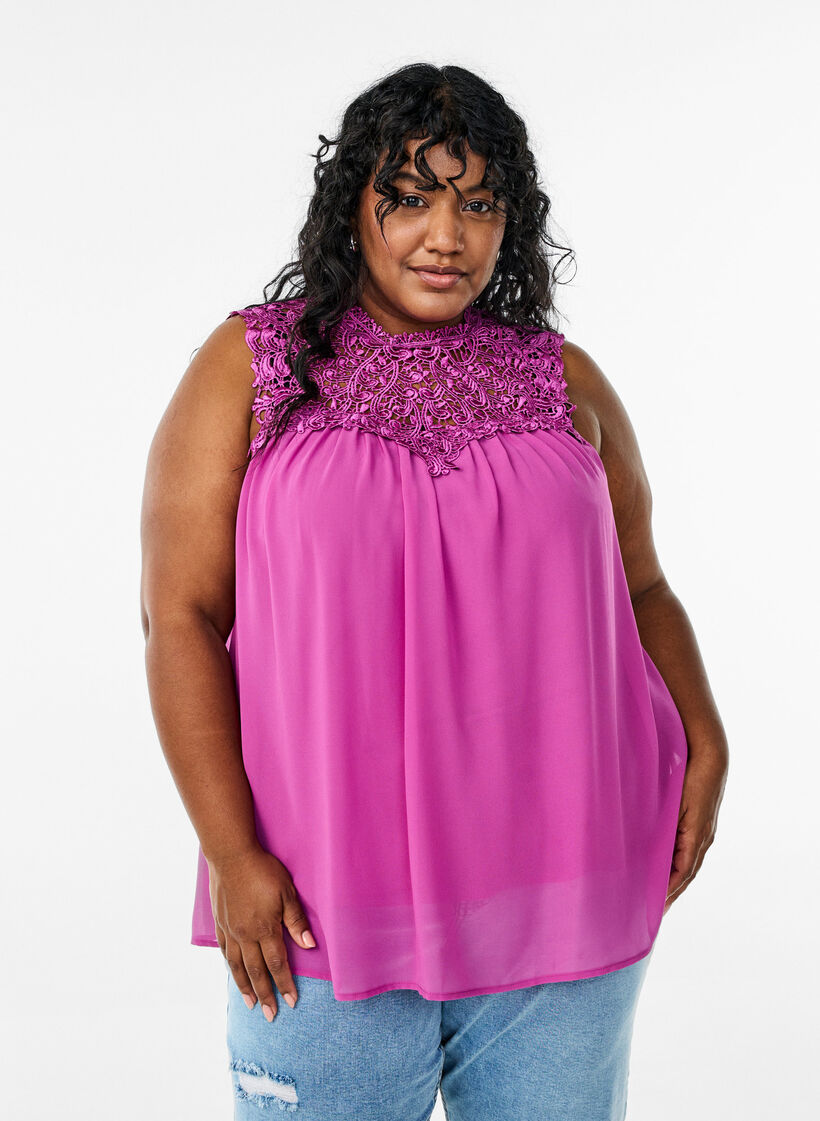 Ermeløs festtopp med hekling, Lilla, Model image number 0