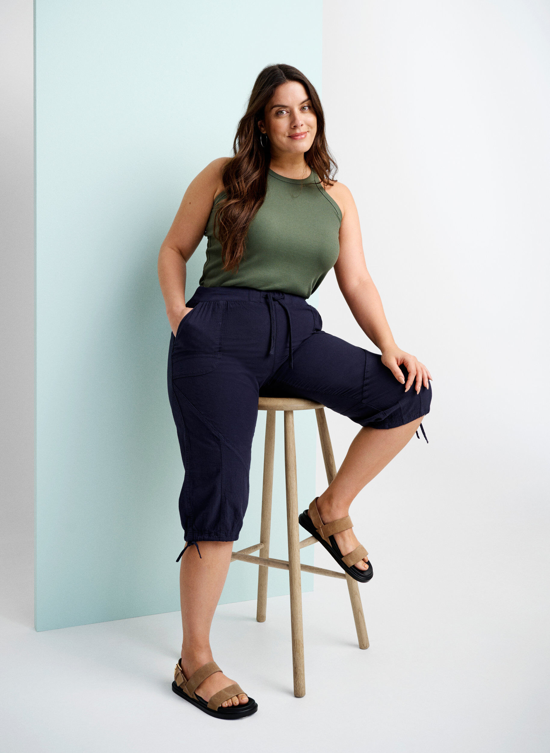 Zizzi Capribukser i bomull, Bl&aring;, Image image number 0