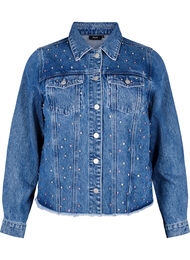 Denimjakke med rhinesteiner og en rå fold, Blue Denim