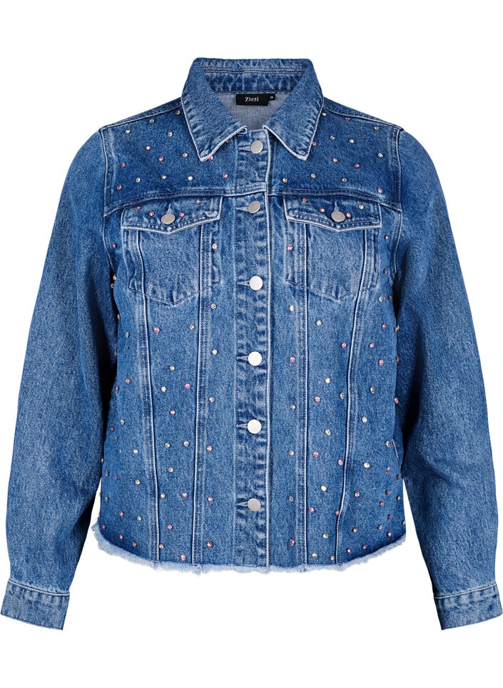 Denimjakke med rhinesteiner og en rå fold, Blue Denim, Packshot