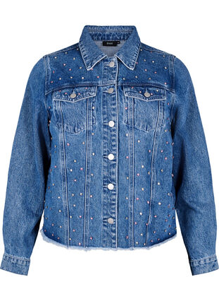 Zizzi Denimjakke med rhinesteiner og en rå fold, Blå, Packshot image number 0